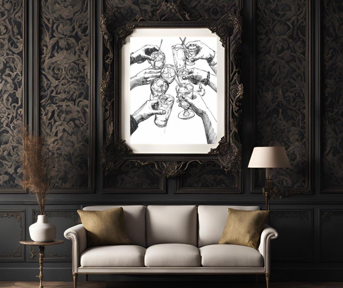 Cheers Line Drawing of Many Hands Toasting Cocktails Together Poster - Image 3