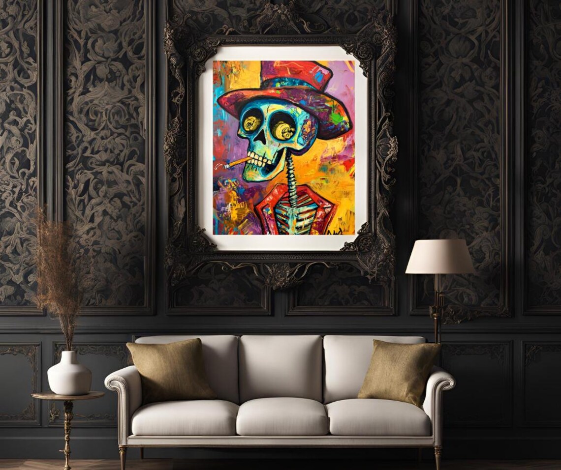 Colorful Skull In Red Top Hat Smoking Pop Art Skeleton Poster - Image 3