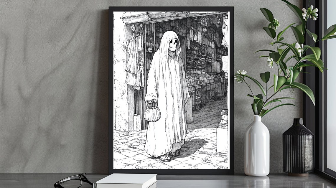 Grim Reaper with Pumpkin Bucket in Old Market Black White Poster