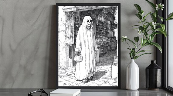 Grim Reaper with Pumpkin Bucket in Old Market Black White Poster