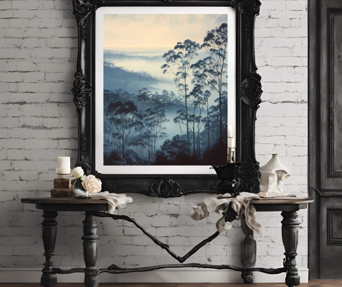 Misty Blue Forest At Dawn Foggy Tall Pine Trees Landscape Poster - Image 4