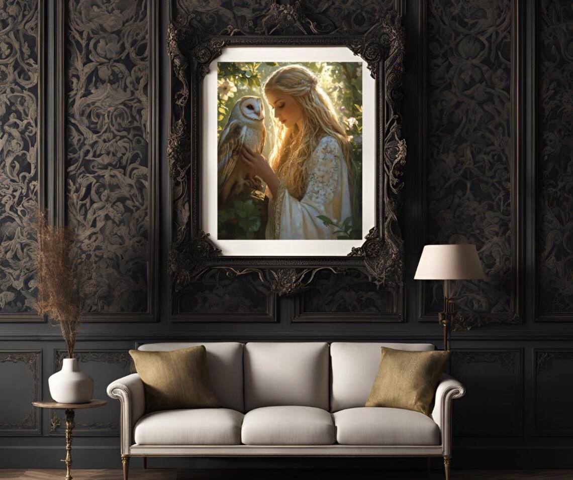 Goddess Girl Barn Owl Sunlit Garden Fantasy Portrait Art Poster - Image 3