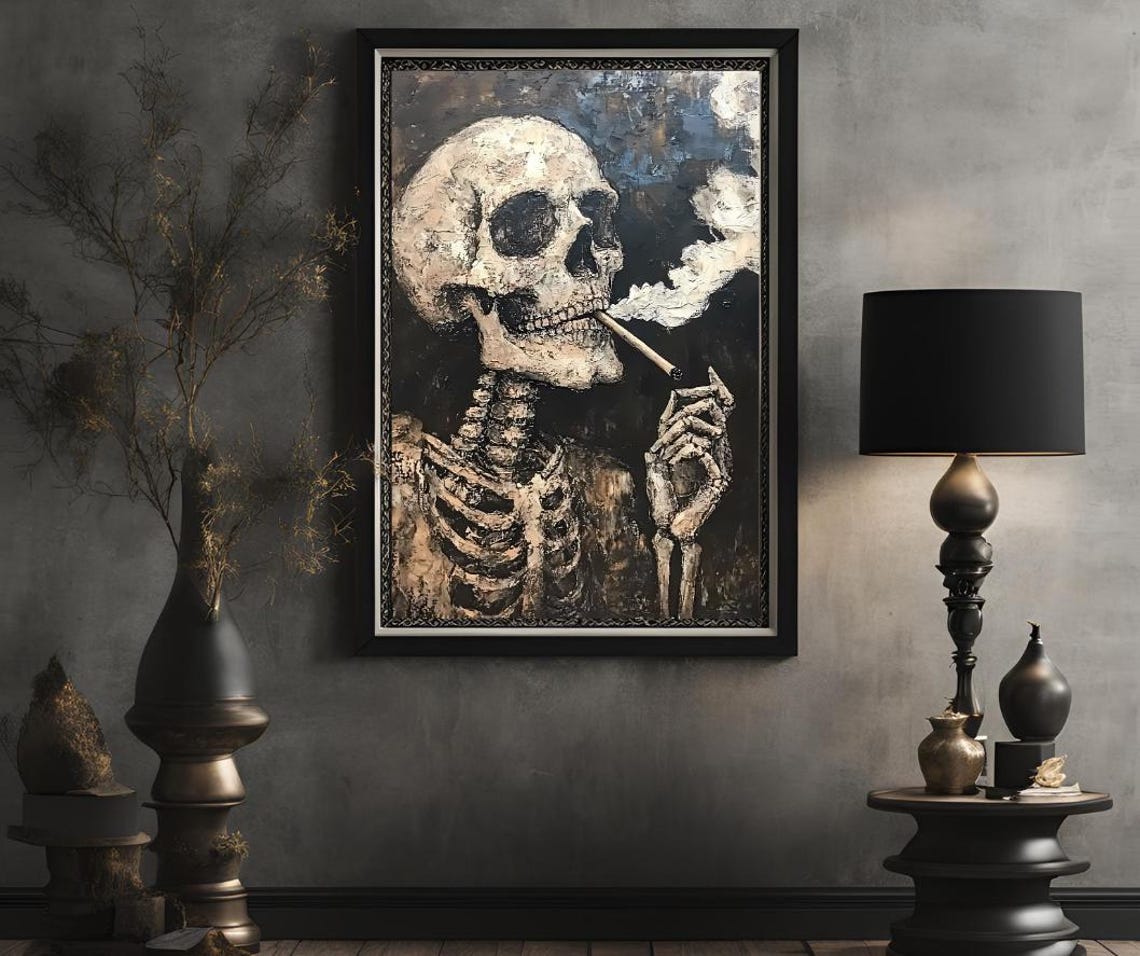 Van Gogh Smoking Skeleton Skull Textured Brushstroke Moody Dark Poster - Image 2