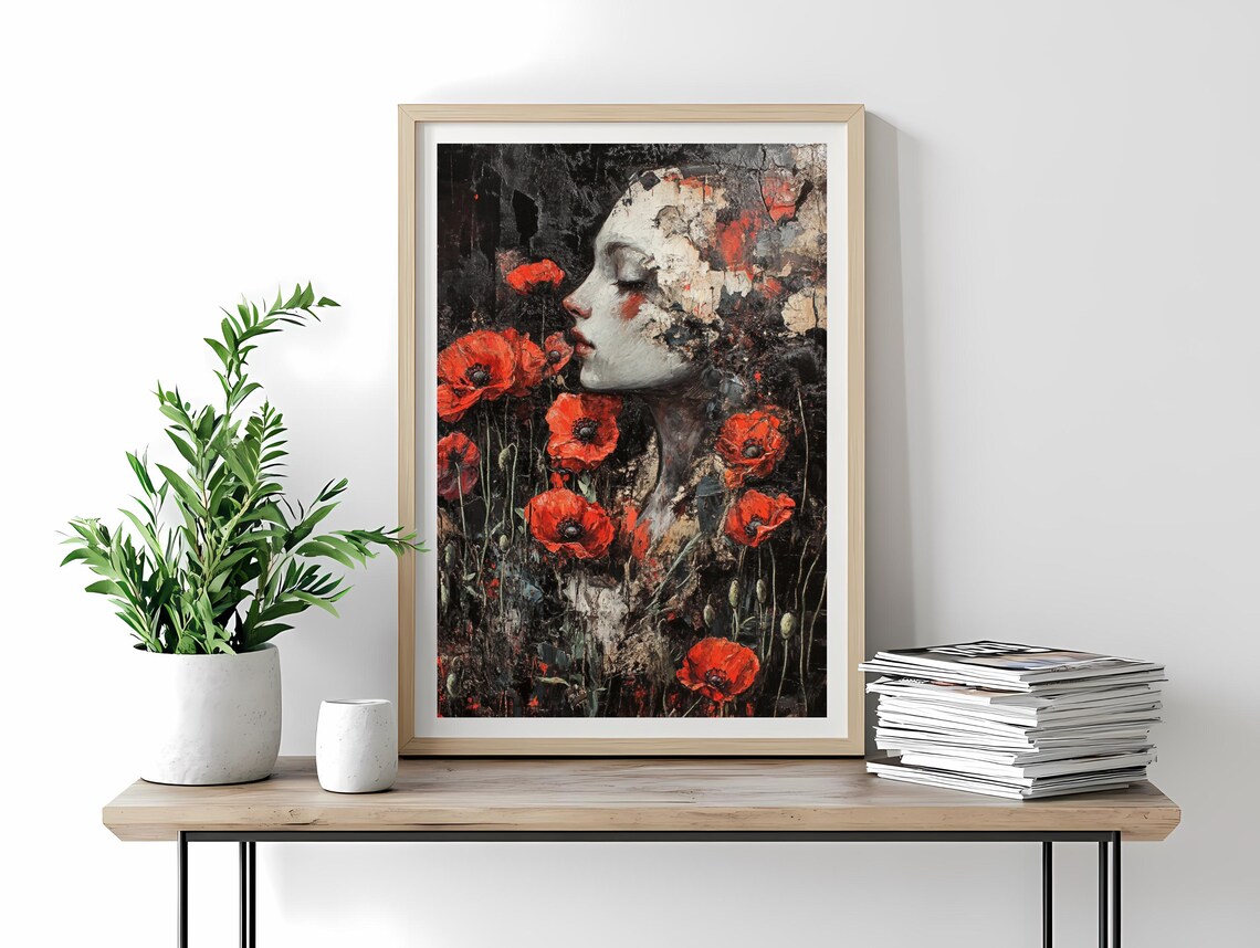 Bold Abstract Woman with Red Poppies Textured Floral Art Poster