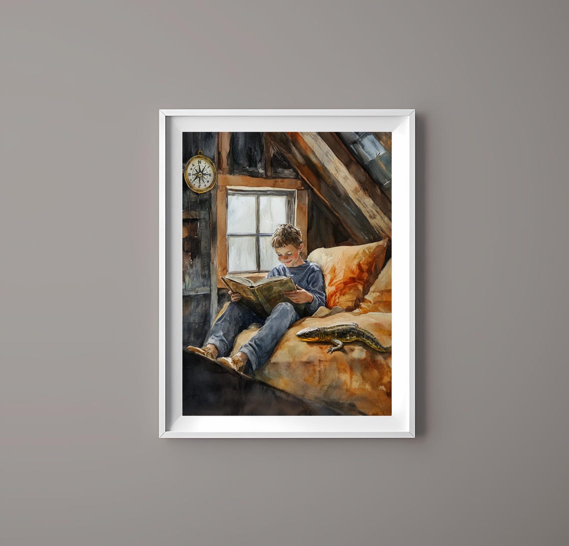 Cozy Boy Reading in an Attic with a Salamander Watercolor Poster - Image 3