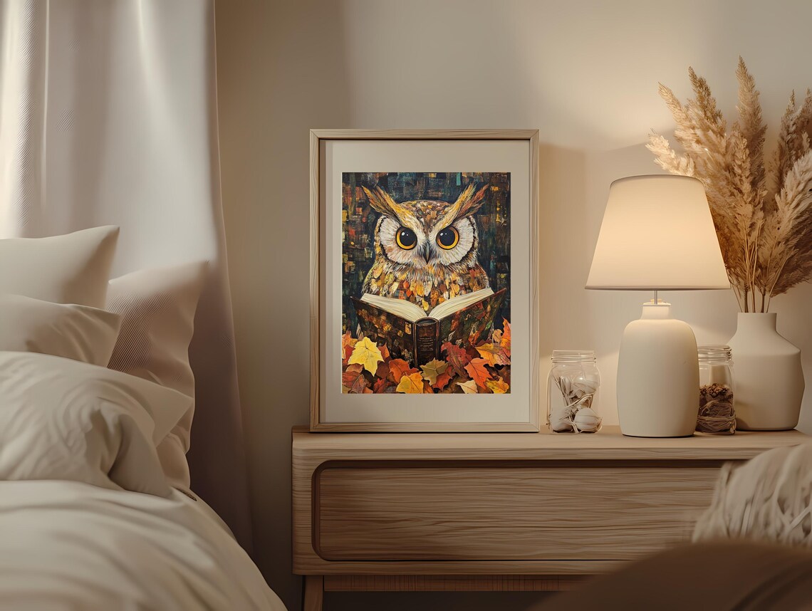 Whimsical Wide-Eyed Owl Reading a Book Among Autumn Leaves Poster - Image 3