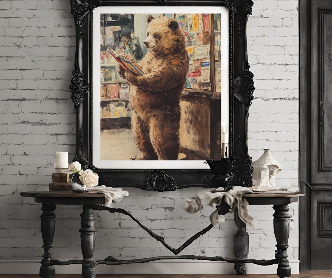 Whimsical Bear Reading Bookstore Vintage Book Lover Gift Art Poster - Image 3