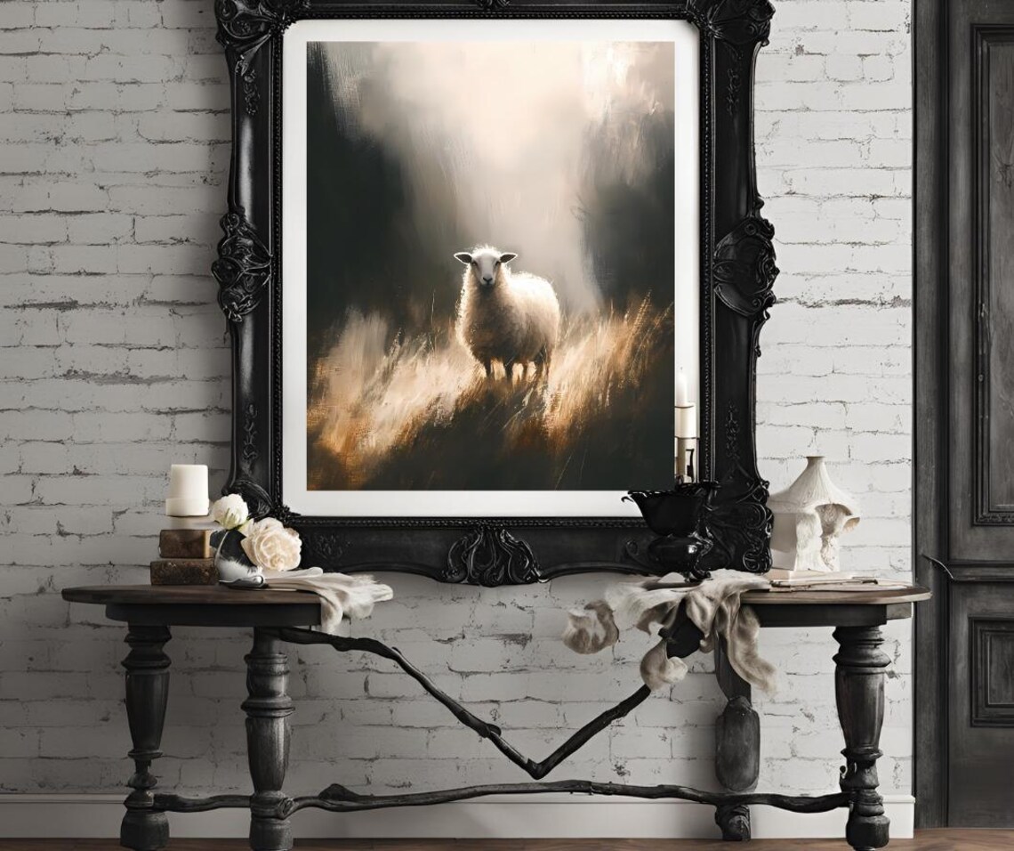 White Sheep Standing In Misty Golden Meadow Moody Animal Poster - Image 4