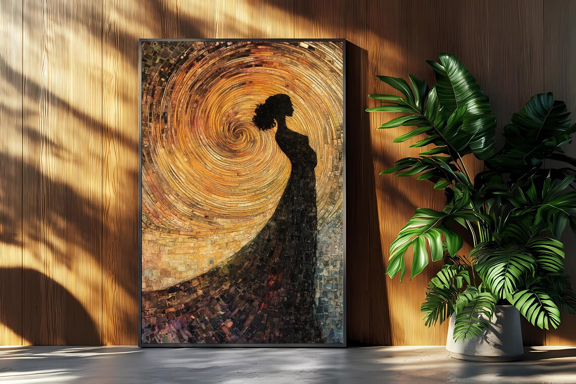 Golden Swirl Woman Silhouette Abstract Mosaic Art Print Decor