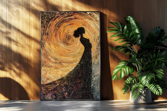 Golden Swirl Woman Silhouette Abstract Mosaic Art Print Decor