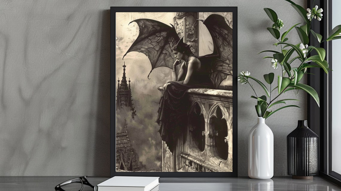 Pensive Gothic Fantasy Art Print Dark Angel On Gothic Balcony Elegant Gothic Decor Atmospheric Dark Wall Art