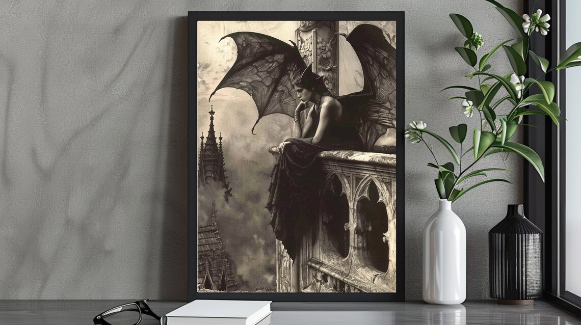 Pensive Sepia Dark Angel With Bat Wings On Gothic Balcony Spires Poster