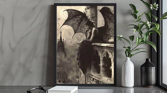 Pensive Sepia Dark Angel With Bat Wings On Gothic Balcony Spires Poster