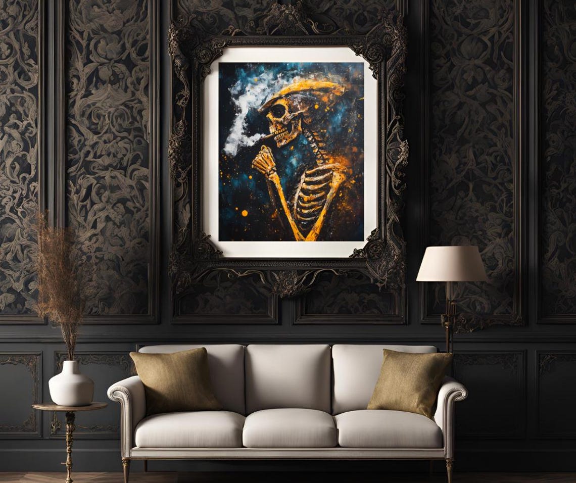 Skeleton In Flat Cap Smoking On Cosmic Blue Background Poster - Image 3
