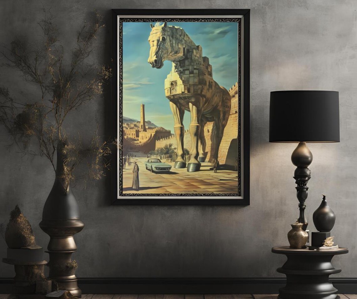 Giant Trojan Horse in a Surreal Ancient Walled City Art Poster - Image 2