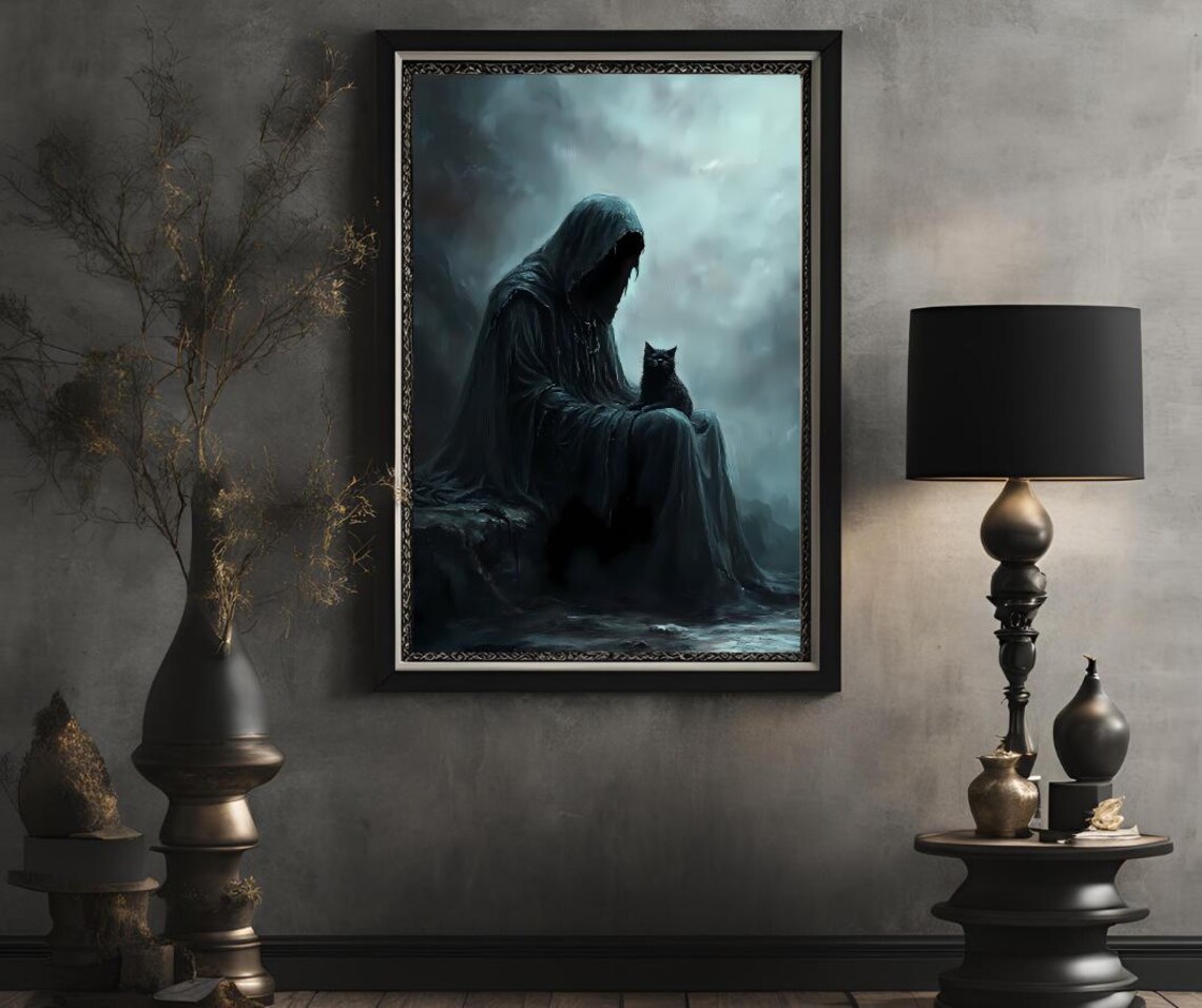 Grim Reaper Sitting With Black Cat In Misty Darkness Spooky Gothic Poster - Image 2