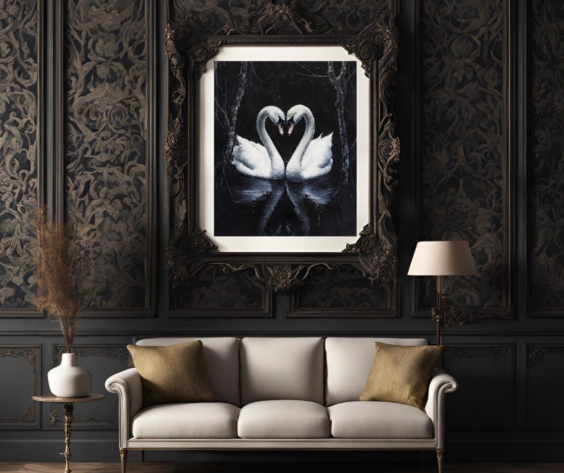 Two White Swans Forming A Heart On Dark Water Painting Poster - Image 3