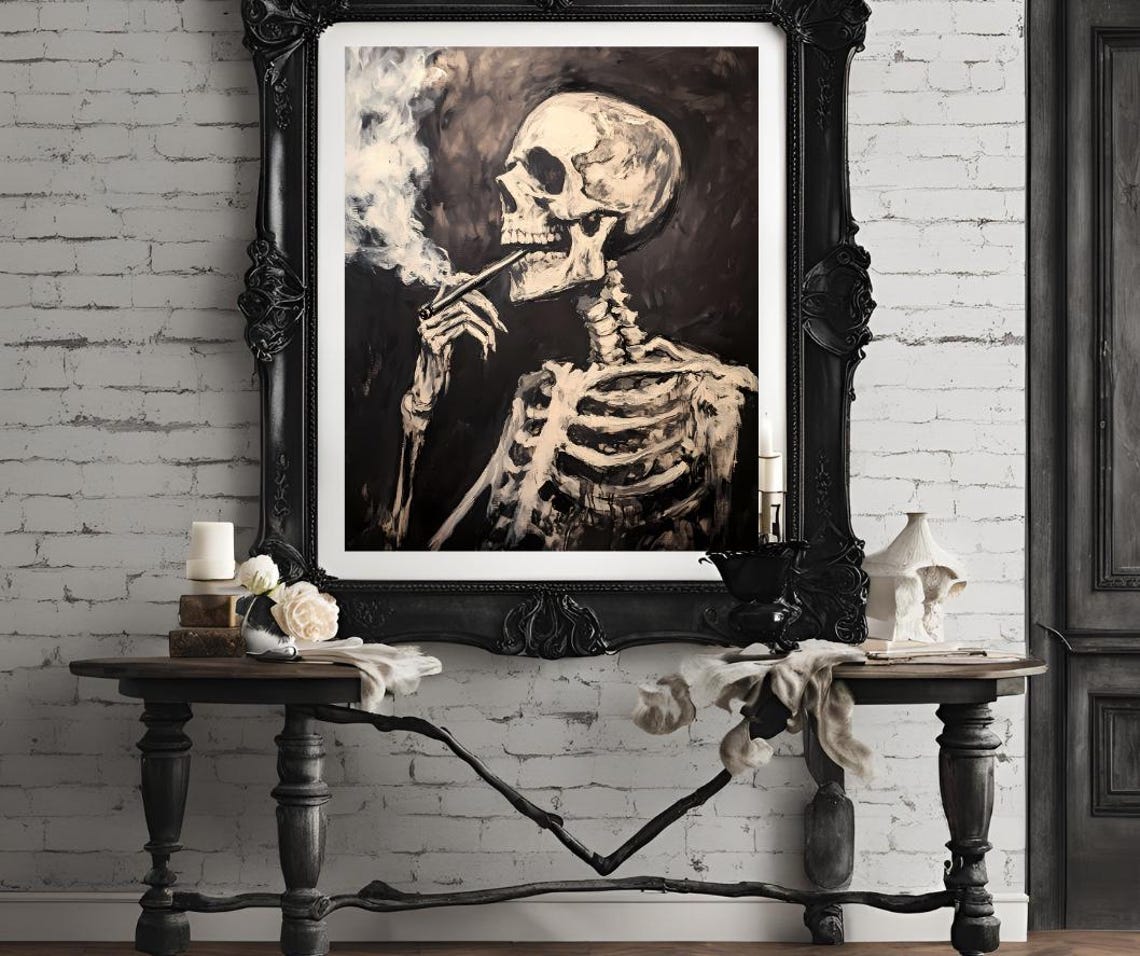 Van Gogh Print Skull Of A Skeleton With Burning Cigarette Moody Dark Academia Print Dark Wall Art Skull Art Print Gothic Wall Art - Image 4