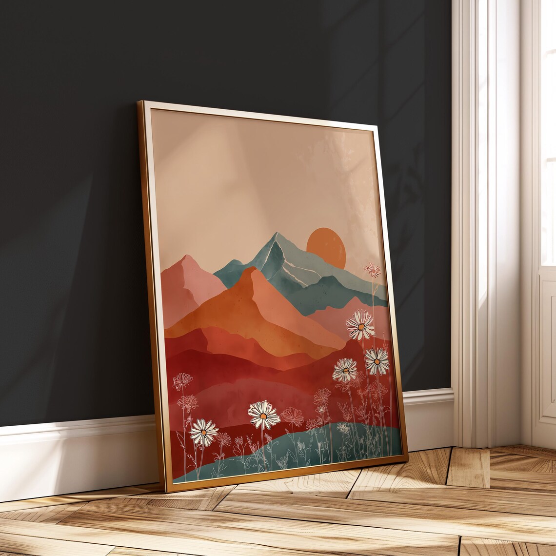 Boho Daisy Mountain Sunset Terracotta Floral Wildflower Poster