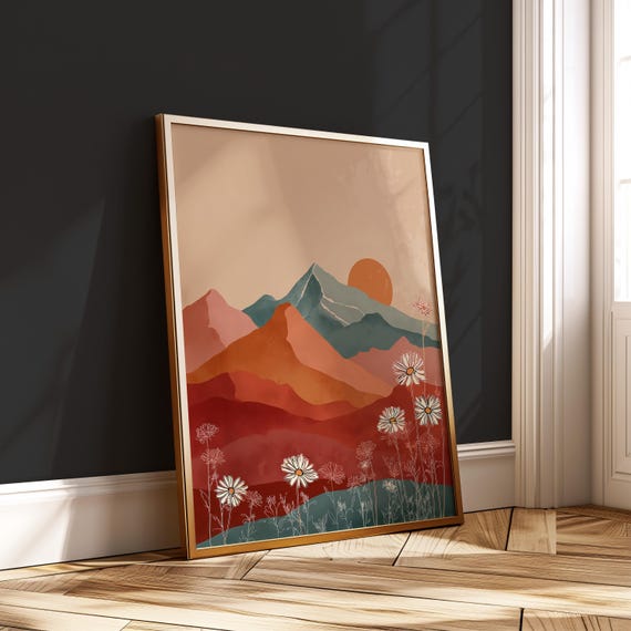 Boho Daisy Sunset Print Terracotta Mountain Landscape Poster Retro Floral Wall Art