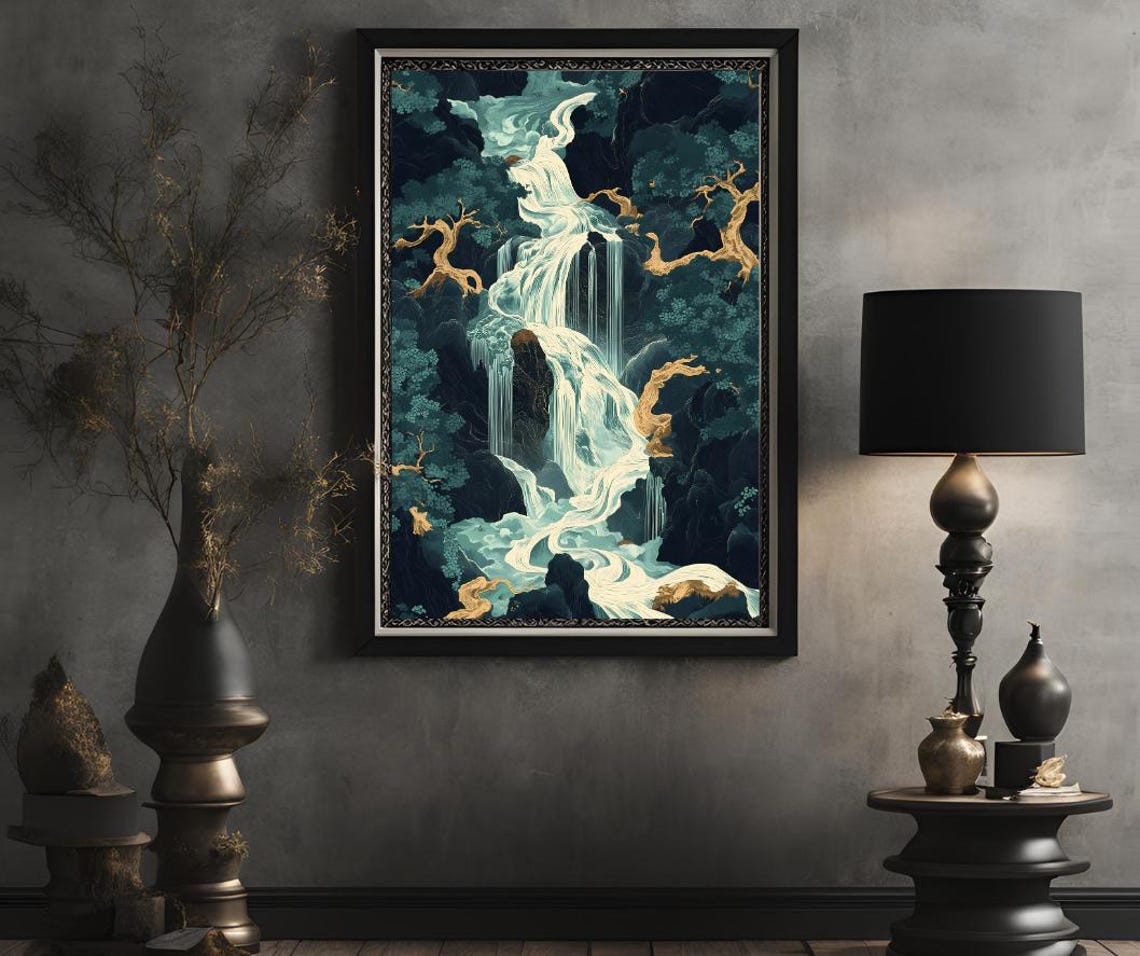 Hokusai Ukiyo E Japanese Waterfall Wall Art Landscape Poster Print Blue Green Japanese Home Decor - Image 2
