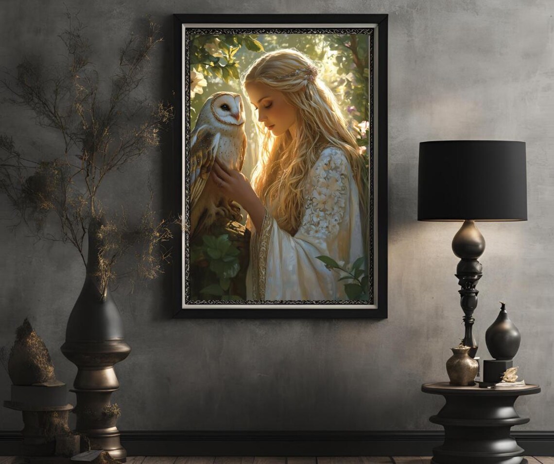 Goddess Girl Barn Owl Sunlit Garden Fantasy Portrait Art Poster - Image 2