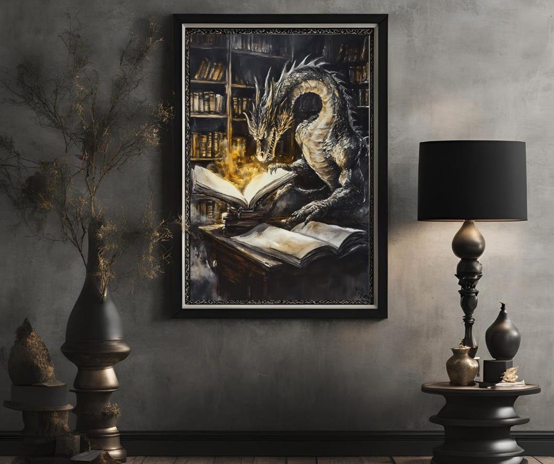 Majestic Dragon Reading a Glowing Book in a Dark Library Poster - Image 2