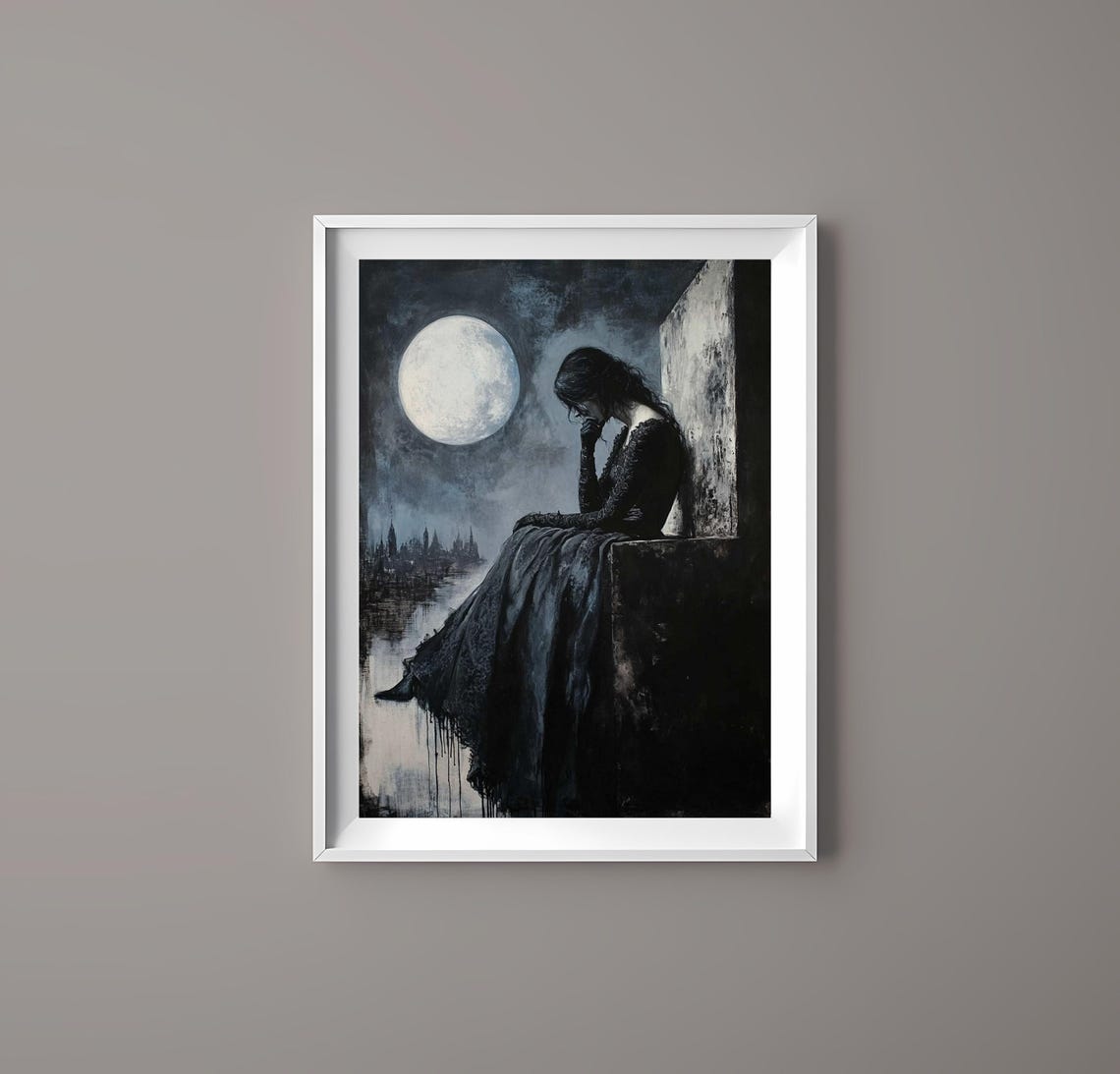 Gothic Woman Under Full Moon Night Ledge Dark Melancholy Art Poster