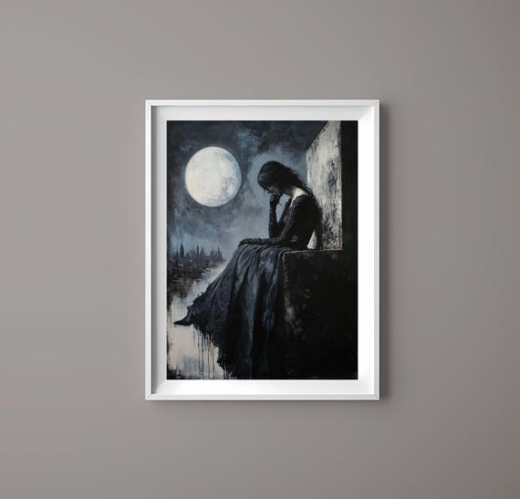 Gothic Art Woman Under Full Moon Illustration Dramatic Dark Wall Art Gift For Her