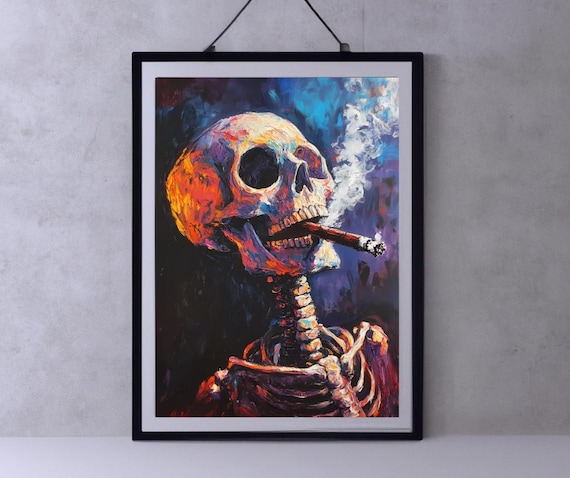 Skeleton Smoking a Cigar in Fiery Red and Blue Impasto Art Poster