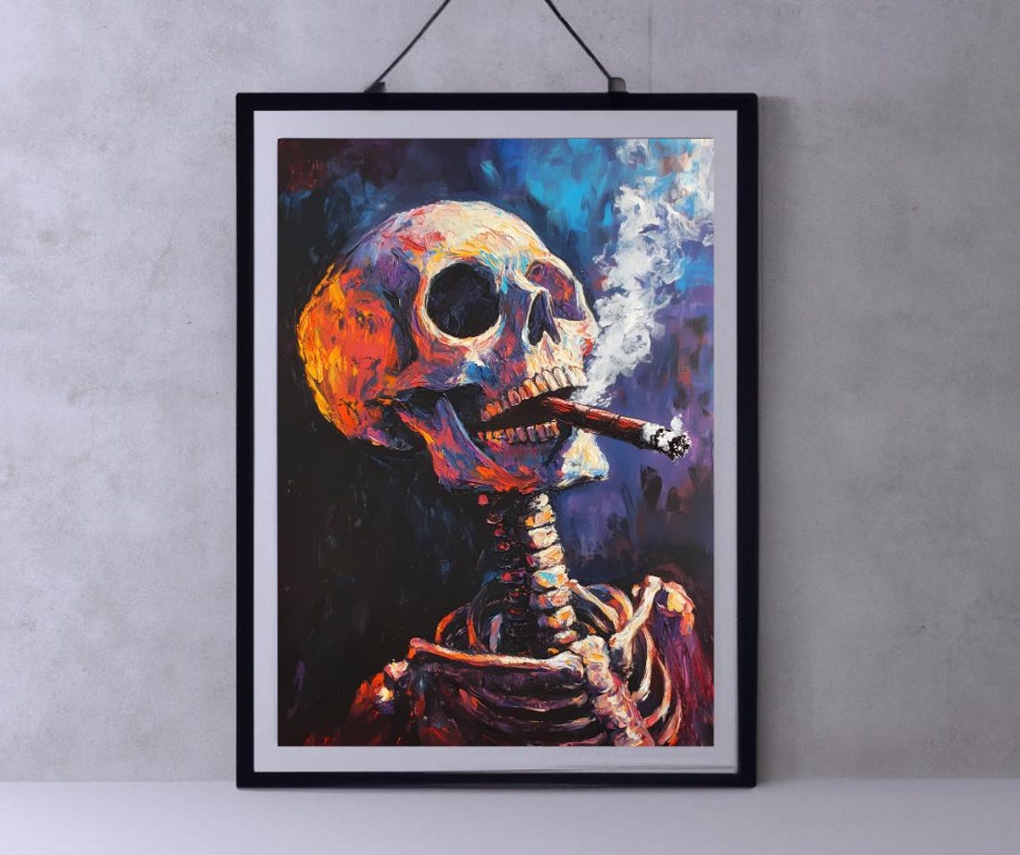 Van Gogh Print Skull Of A Skeleton With Burning Cigarette Moody Dark Academia Print Dark Wall Art Skull Art Print Gothic Wall Art