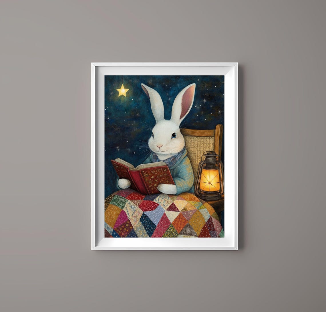 Whimsical White Bunny Reading Under a Starry Night Sky Poster - Image 3