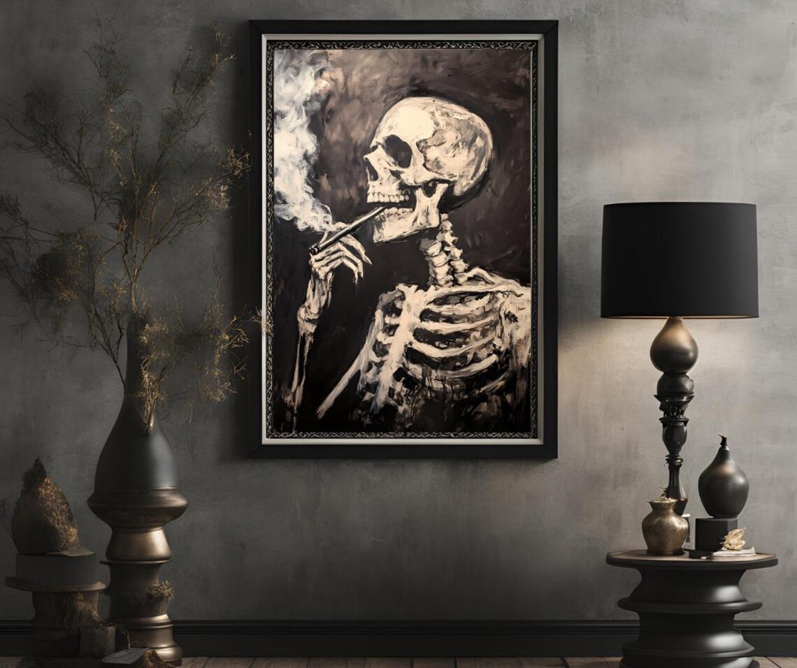 Van Gogh Skull Of A Skeleton With Burning Cigarette Dark Academia Poster - Image 2