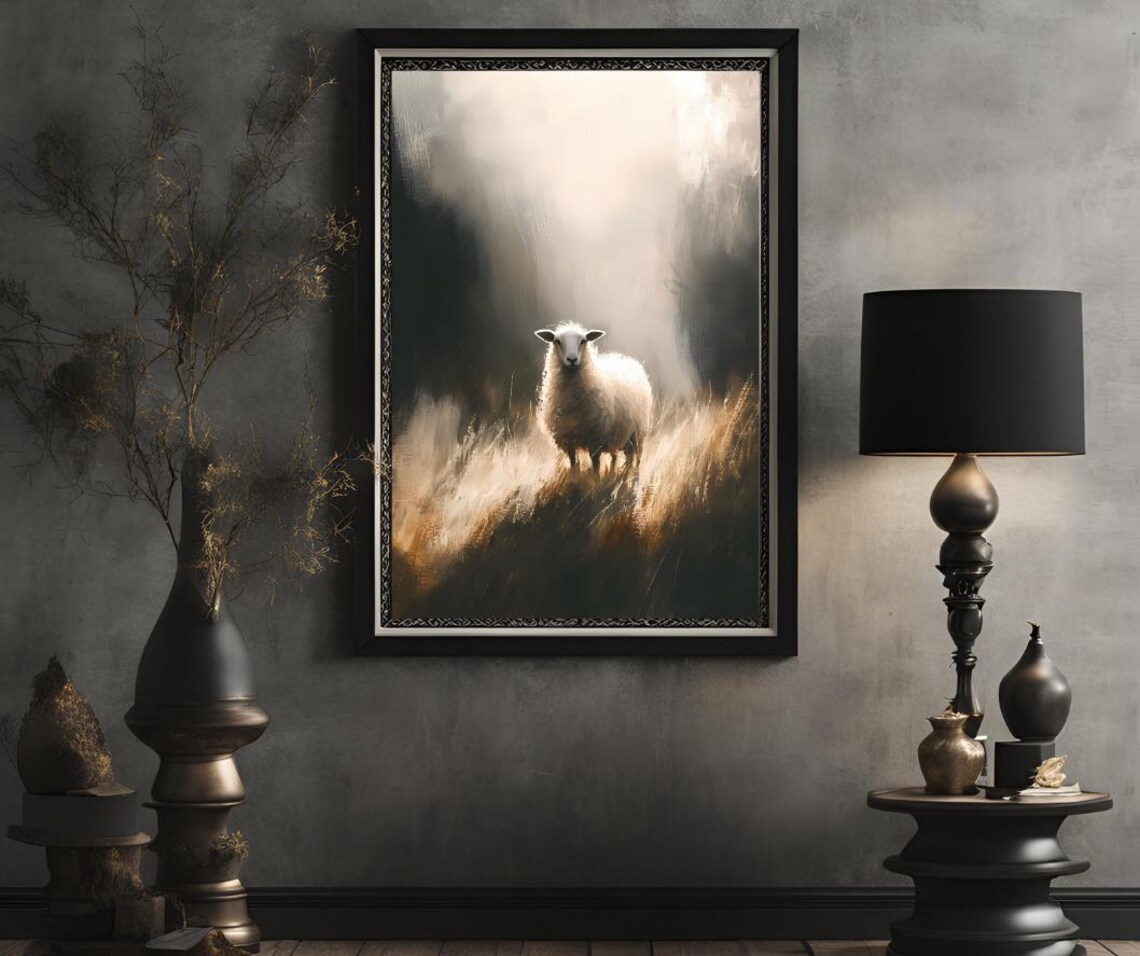 White Sheep Standing In Misty Golden Meadow Moody Animal Poster - Image 2