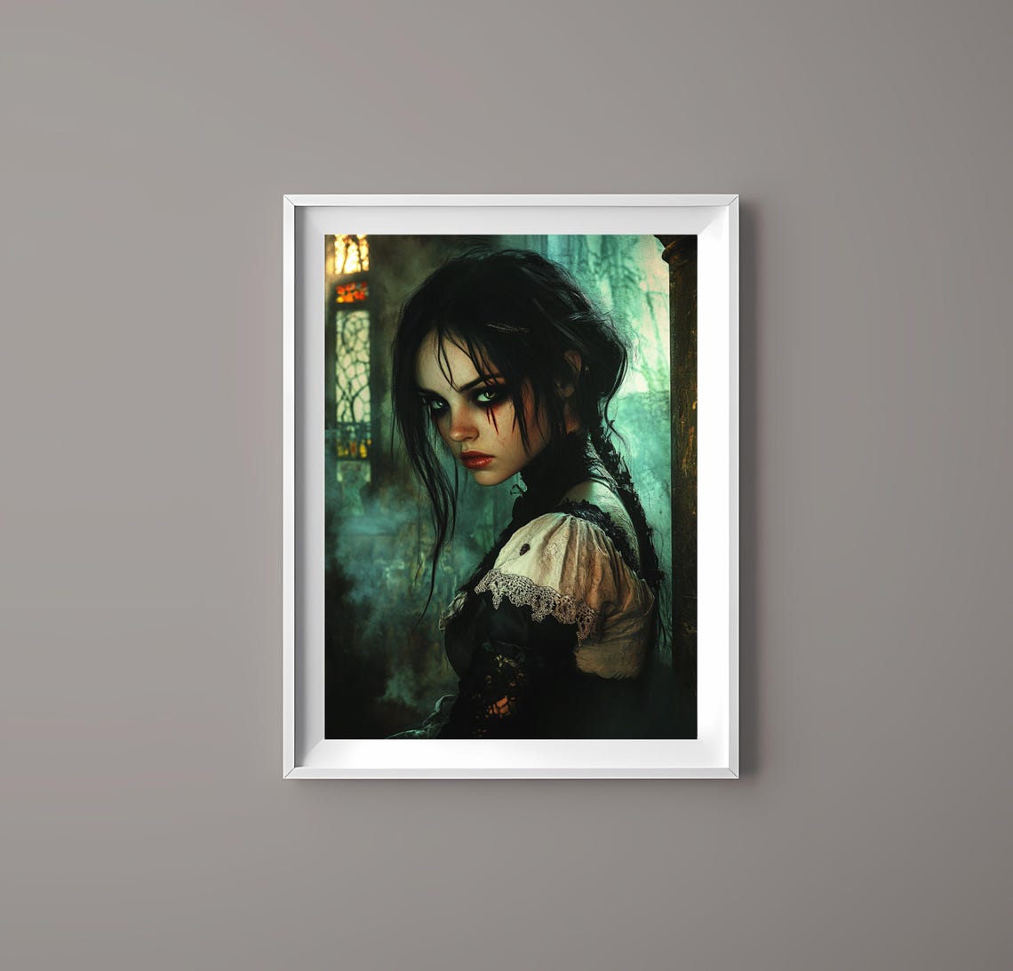 Haunting Gothic Portrait Mysterious Woman With Piercing Green Eyes Dark Fantasy Wall Art Instant - Image 3