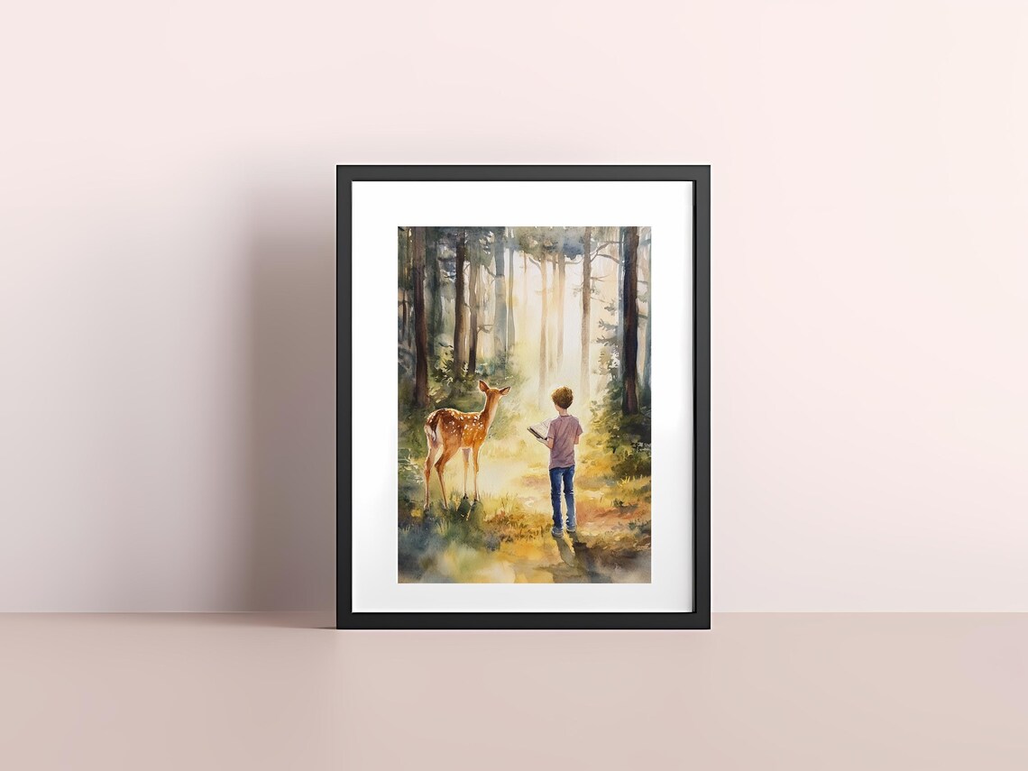 Boy And Deer In Sunlit Forest Serene Watercolor Nature Art Poster