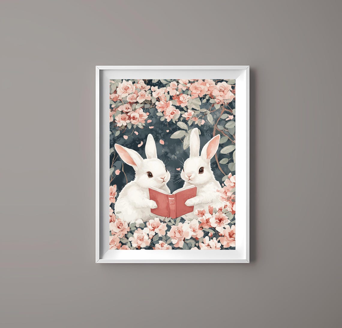 Two White Bunnies Reading Red Book Pink Blossoms Cute Animal Poster - Image 3