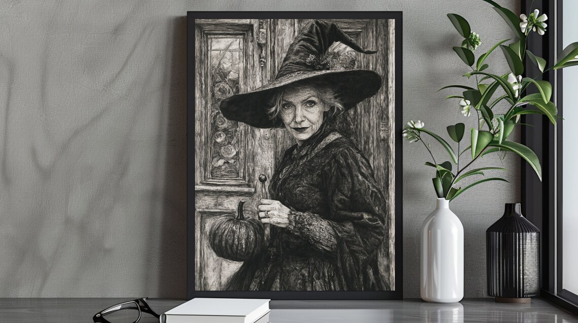 Elderly Witch Charcoal Portrait with Pumpkin Vintage Gothic Halloween Poster
