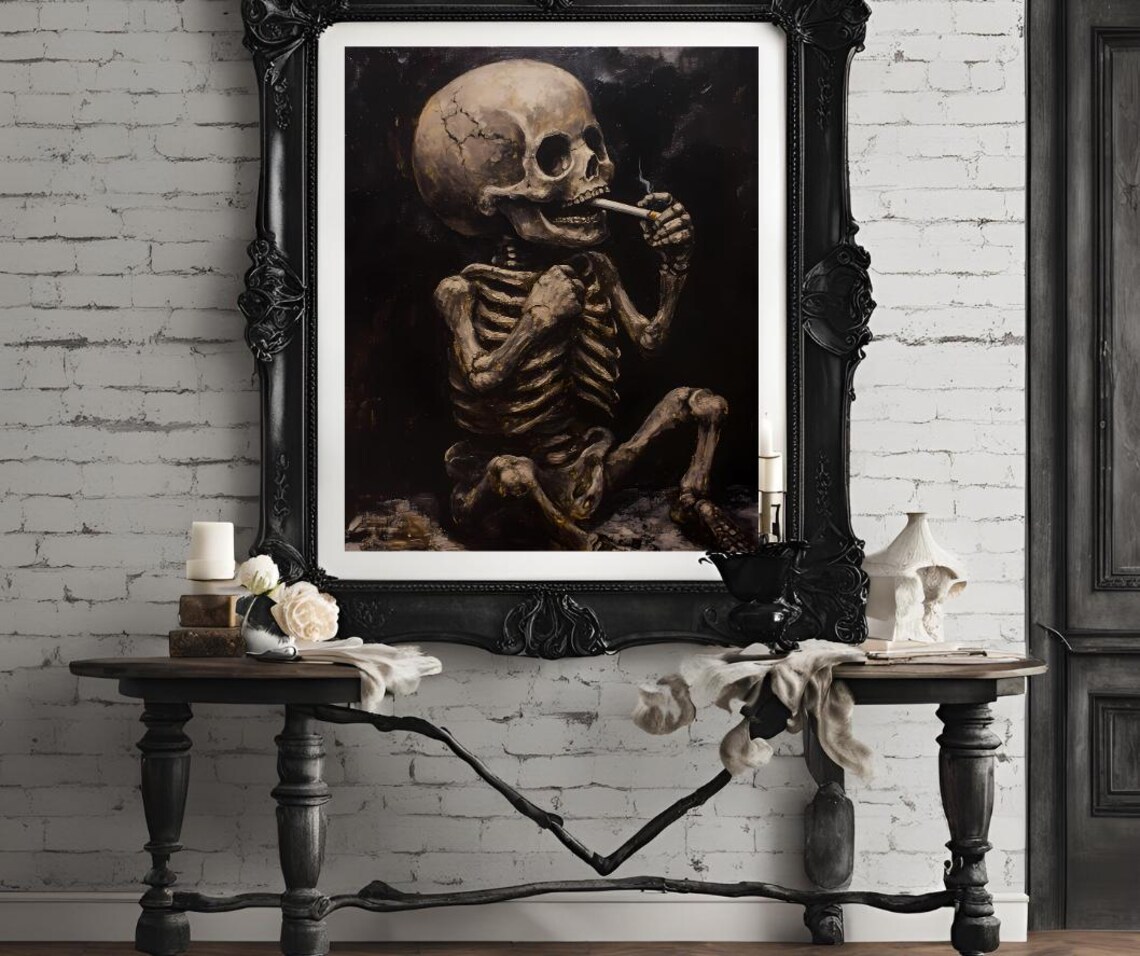 Skeleton Smoking Cigarette in Moody Sepia Oil Painting Art Poster - Image 4