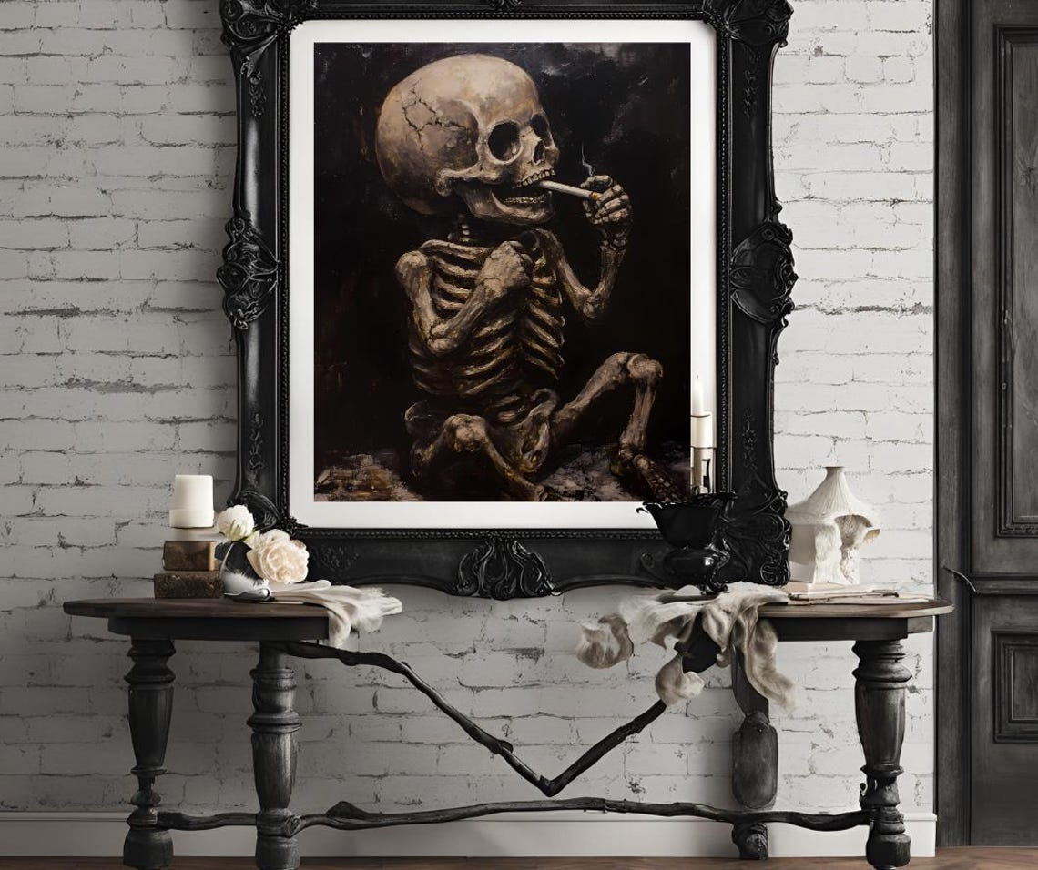 Van Gogh Print Skull Of A Skeleton With Burning Cigarette Moody Dark Academia Print Dark Wall Art Skull Art Print Gothic Wall Art - Image 4