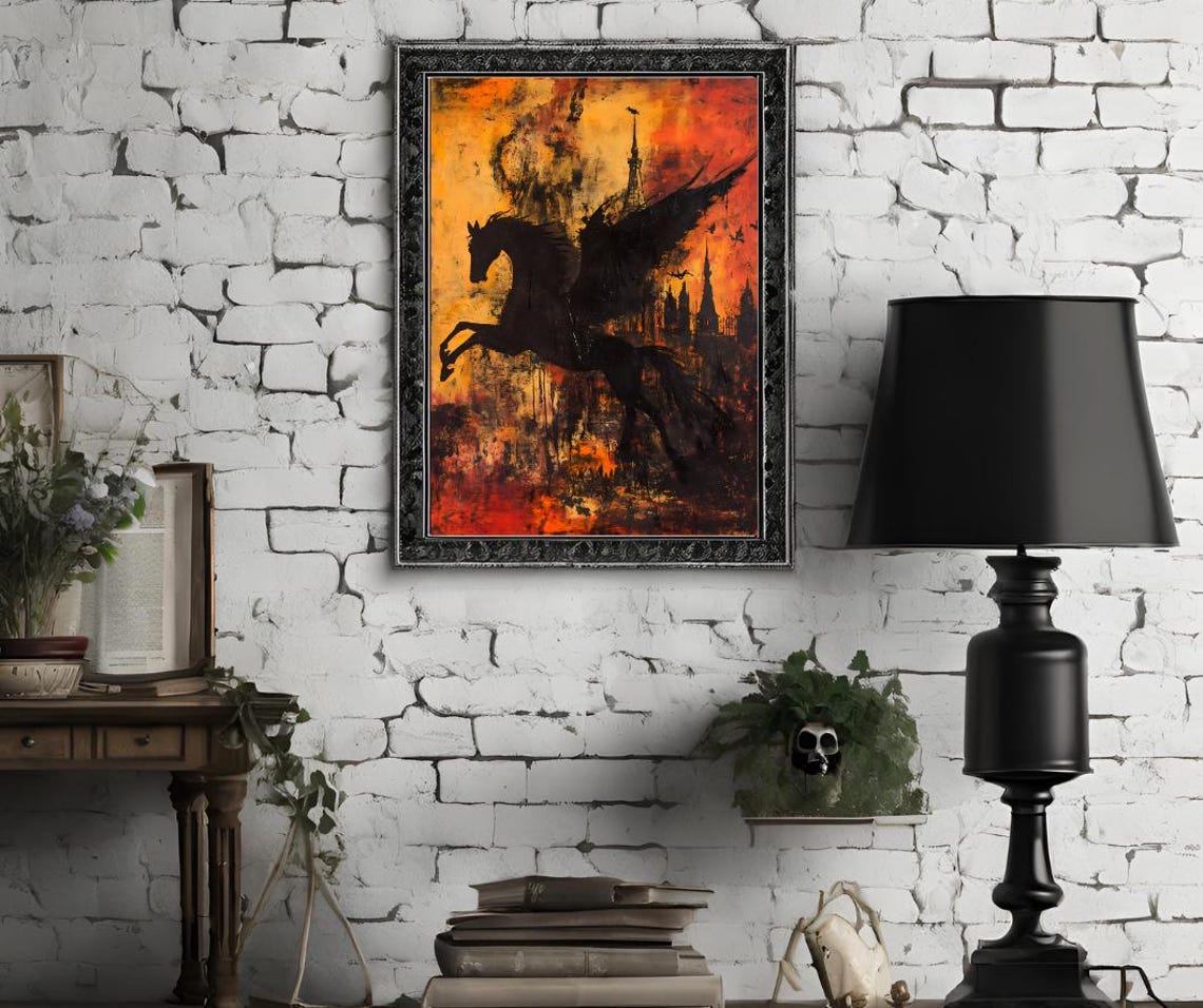 Dramatic Black Pegasus Fiery Gothic Cityscape Fantasy Art Poster - Image 2
