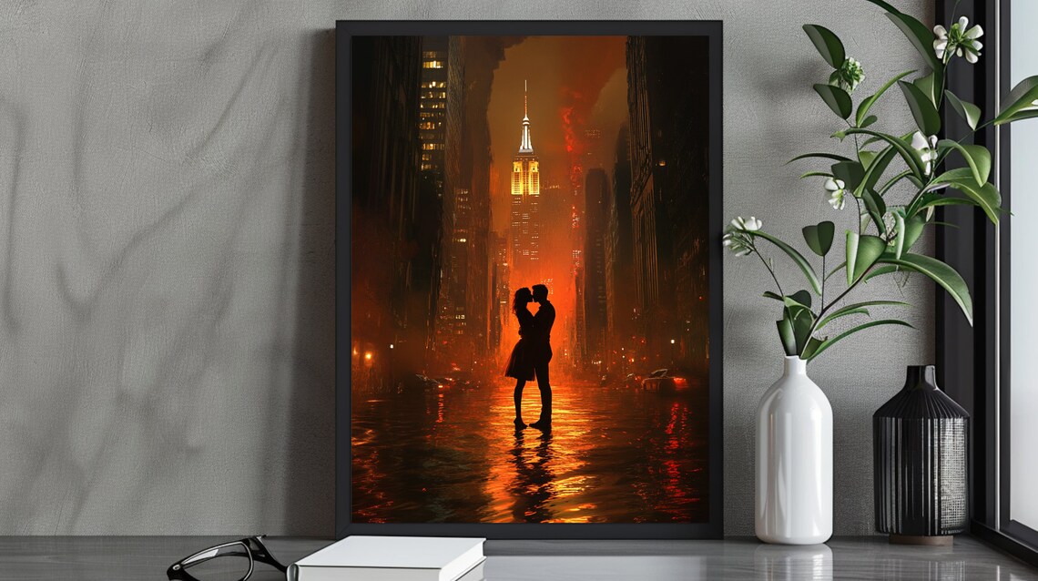 Couple Kissing in Rain on New York Street Romantic City Poster