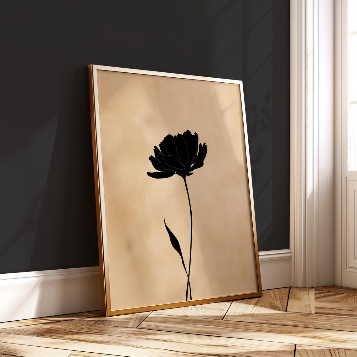 Japandi Flower Art Minimalist Floral Silhouette Poster Black Botanical Wall Print Neutral Beige Artwork