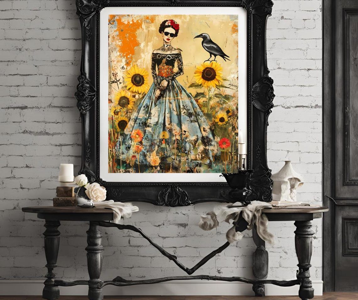 Eclectic Frida Inspired Art Boho Woman With Sunflowers And Crow Bold Wall Decor Gift For Art Lovers - Image 4