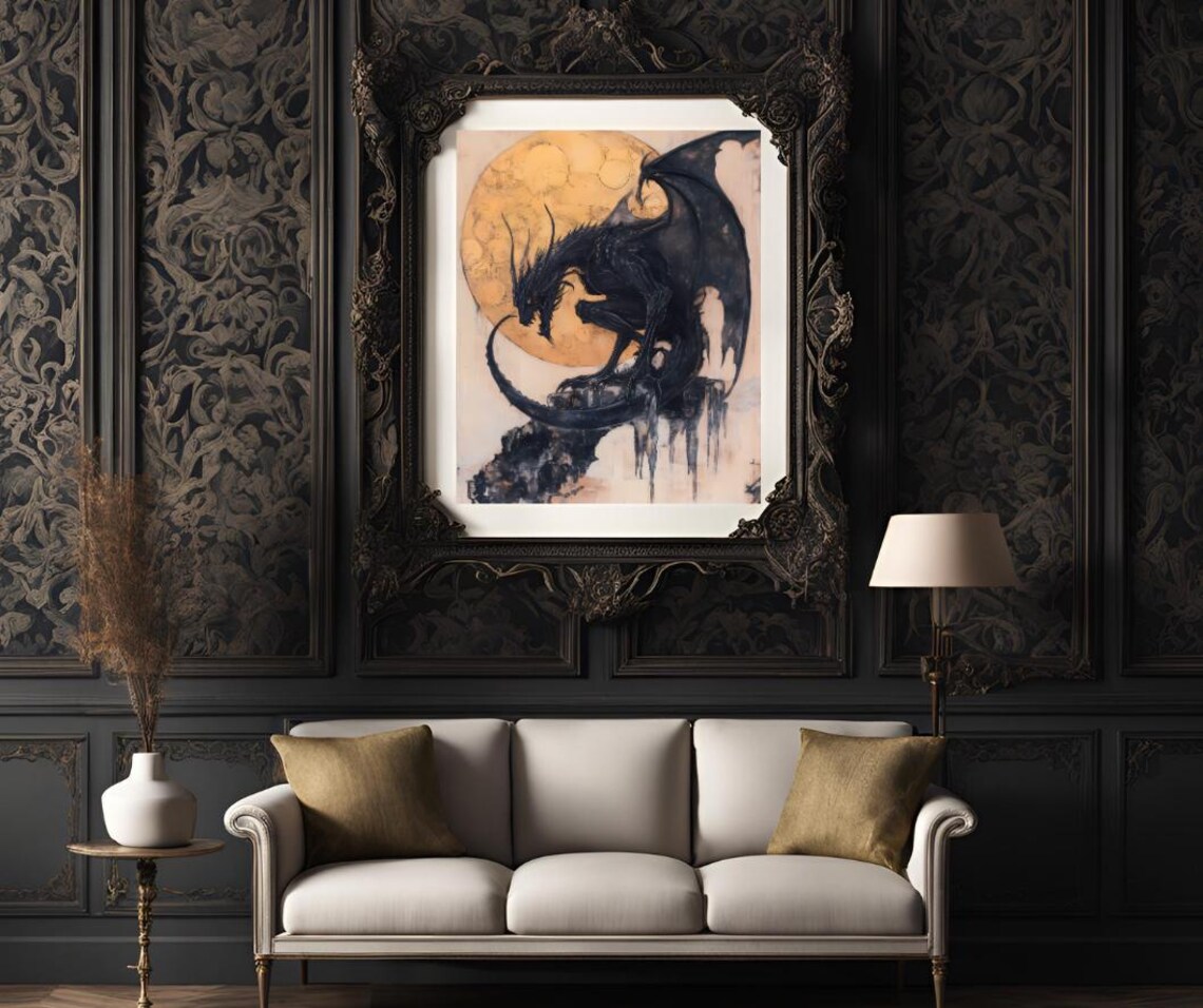 Majestic Black Dragon Golden Moon Ink Wash Dark Fantasy Art Poster - Image 3