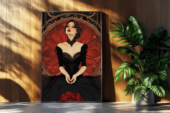 Gothic Portrait Art Woman In Black With Red Background Elegant Wall