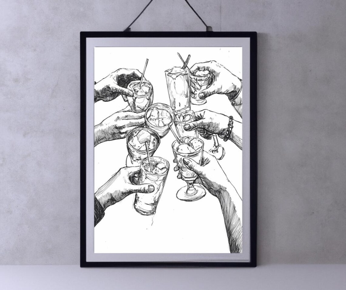 Cheers Line Drawing of Many Hands Toasting Cocktails Together Poster