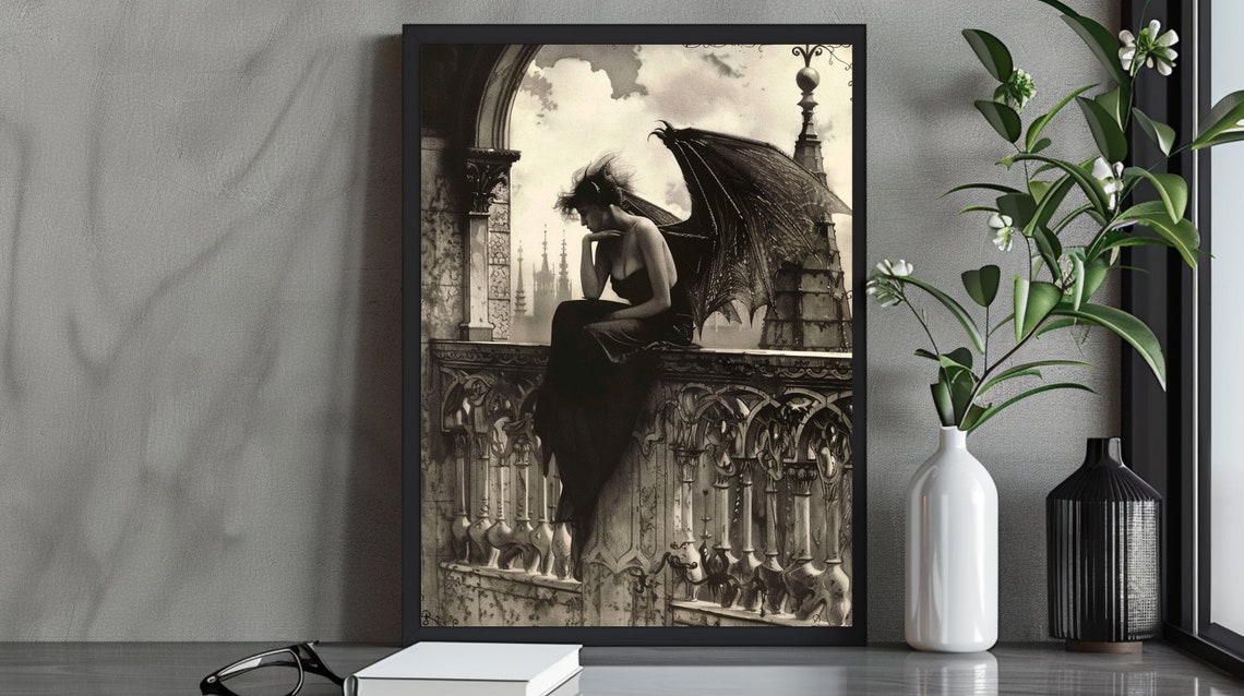 Atmospheric Gothic Fantasy Art Print Dark Angel On Gothic Balcony Elegant Dark Wall Art Gothic Home Decor