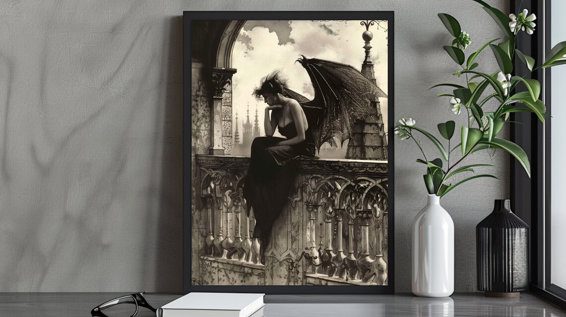 Atmospheric Sepia Winged Dark Angel Perched On Ornate Gothic Balcony Poster