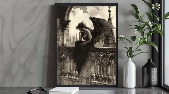 Atmospheric Gothic Fantasy Art Print Dark Angel On Gothic Balcony Elegant Dark Wall Art Gothic Home Decor